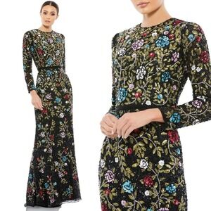 Mac Duggal Black Floral Sequin Maxi Dress